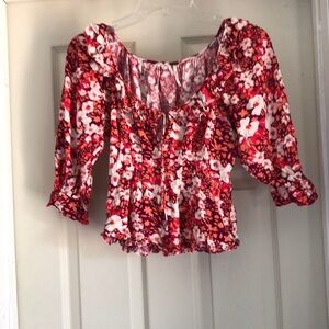 Free People Size XS Peasant Top Boho Red & Orange Short Sleeve Festival